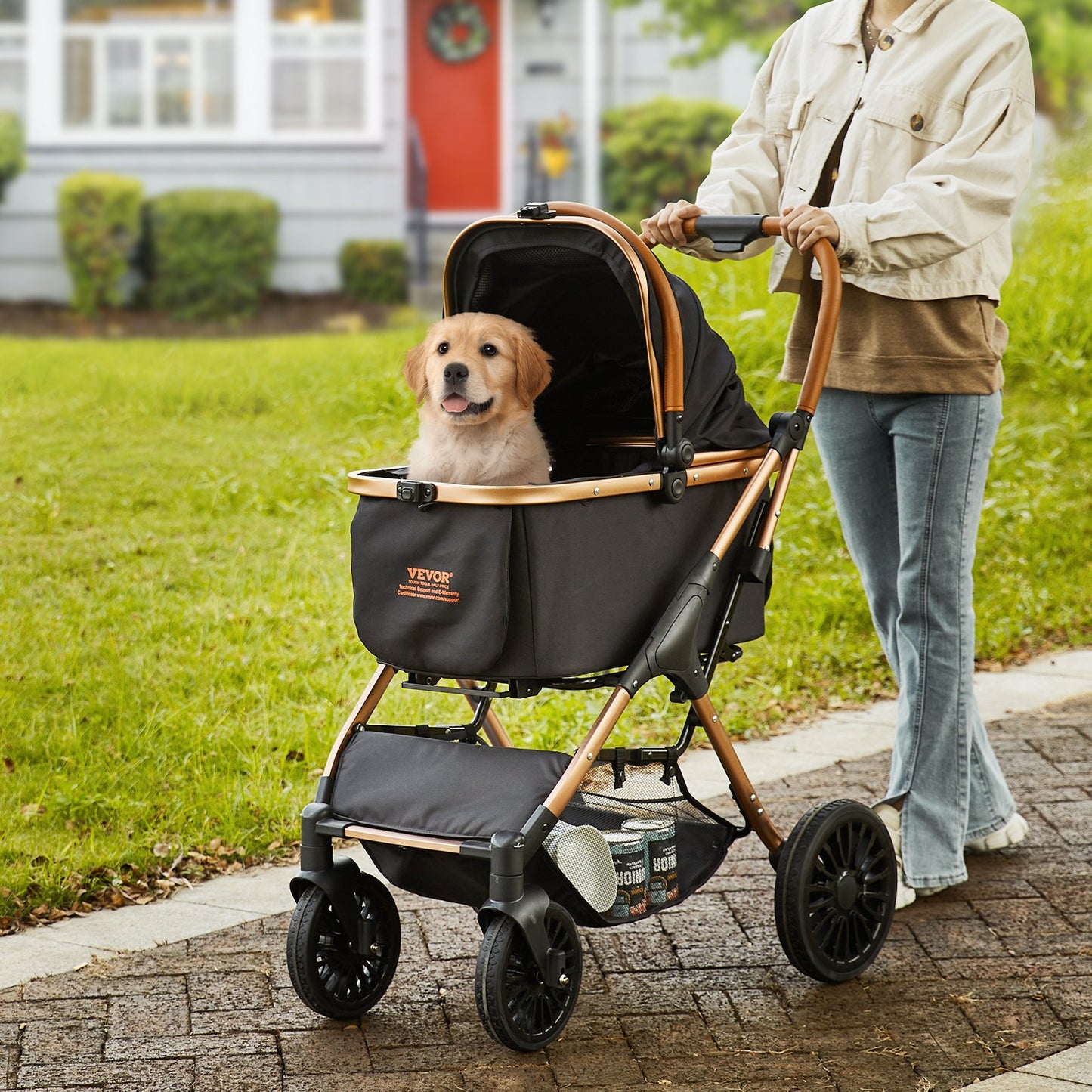 Aura Pet Stroller, 4 Wheels Dog Stroller Rotate With Brakes, 66 Lbs Weight Capacity, Puppy Stroller With Detachable Carrier, Storage Basket And Pet Pad, For Small To Medium Sized Dogs, Black