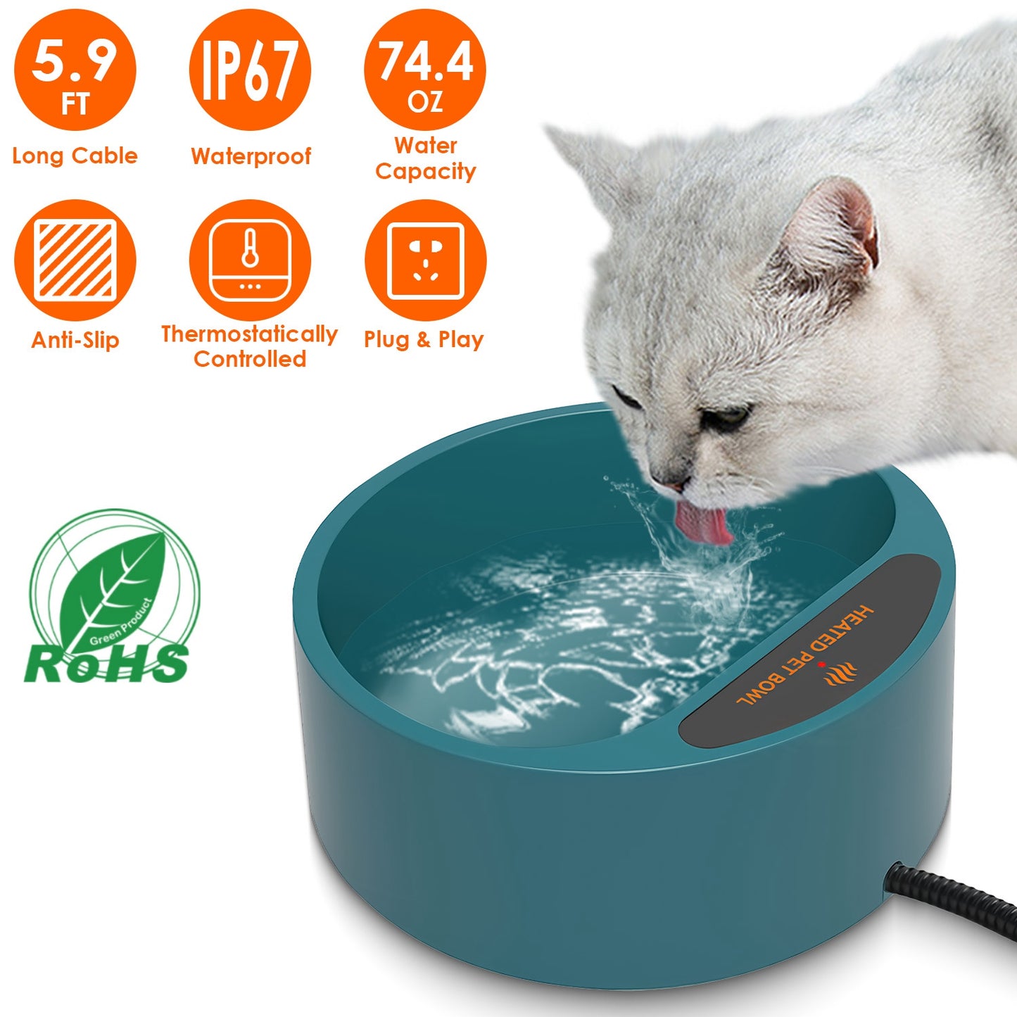 Aura 1Pc Heated Water Bowl For Dog Cat 74.4OZ Heating Water Dish IP67 Waterproof Thermal Water Bowl Heated Pet Bowl Dog Cat Water Feeder Bowl For Dog Cat Rabbit Pet