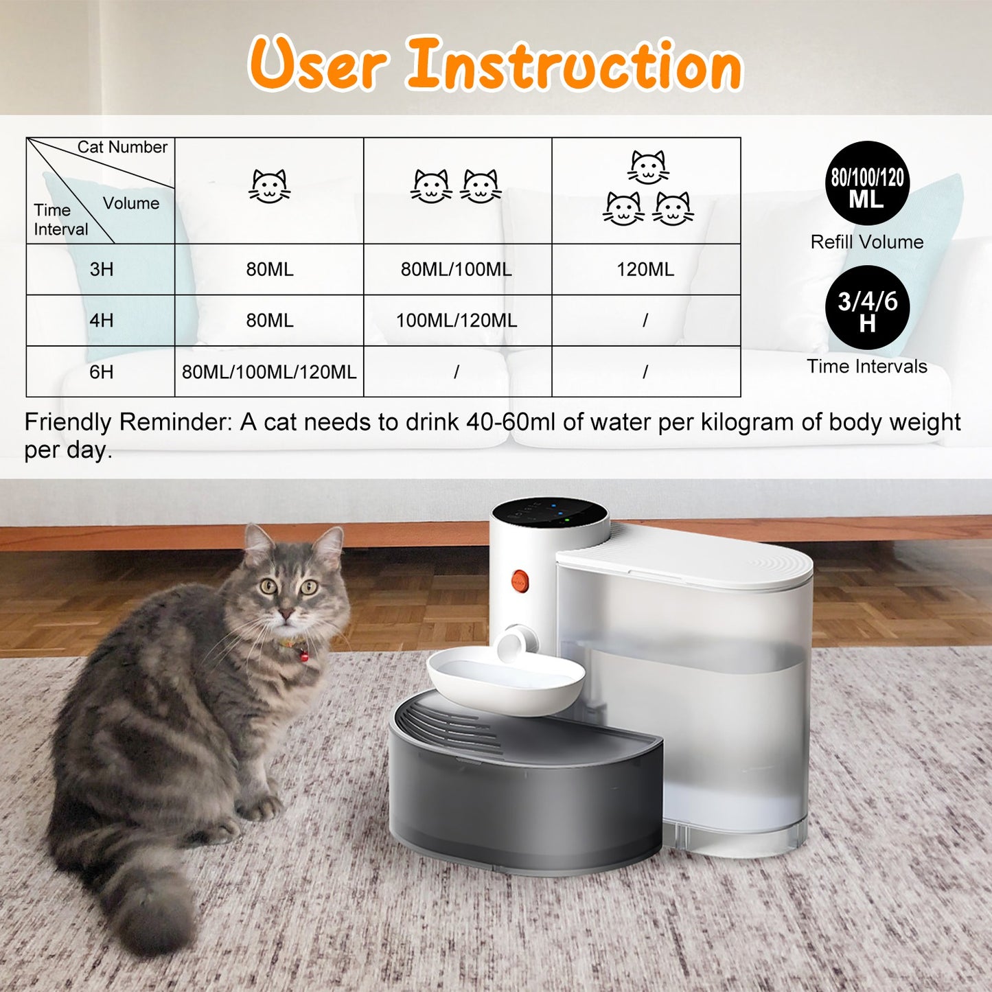 Aura 1Pc Smart Pet Water Fountain Automatic Cat Water Dispenser 3L Cordless Rechargeable Dog Water Fountain Self-Refill With 3 Adjustable Volume 3 Time Intervals Touch Control