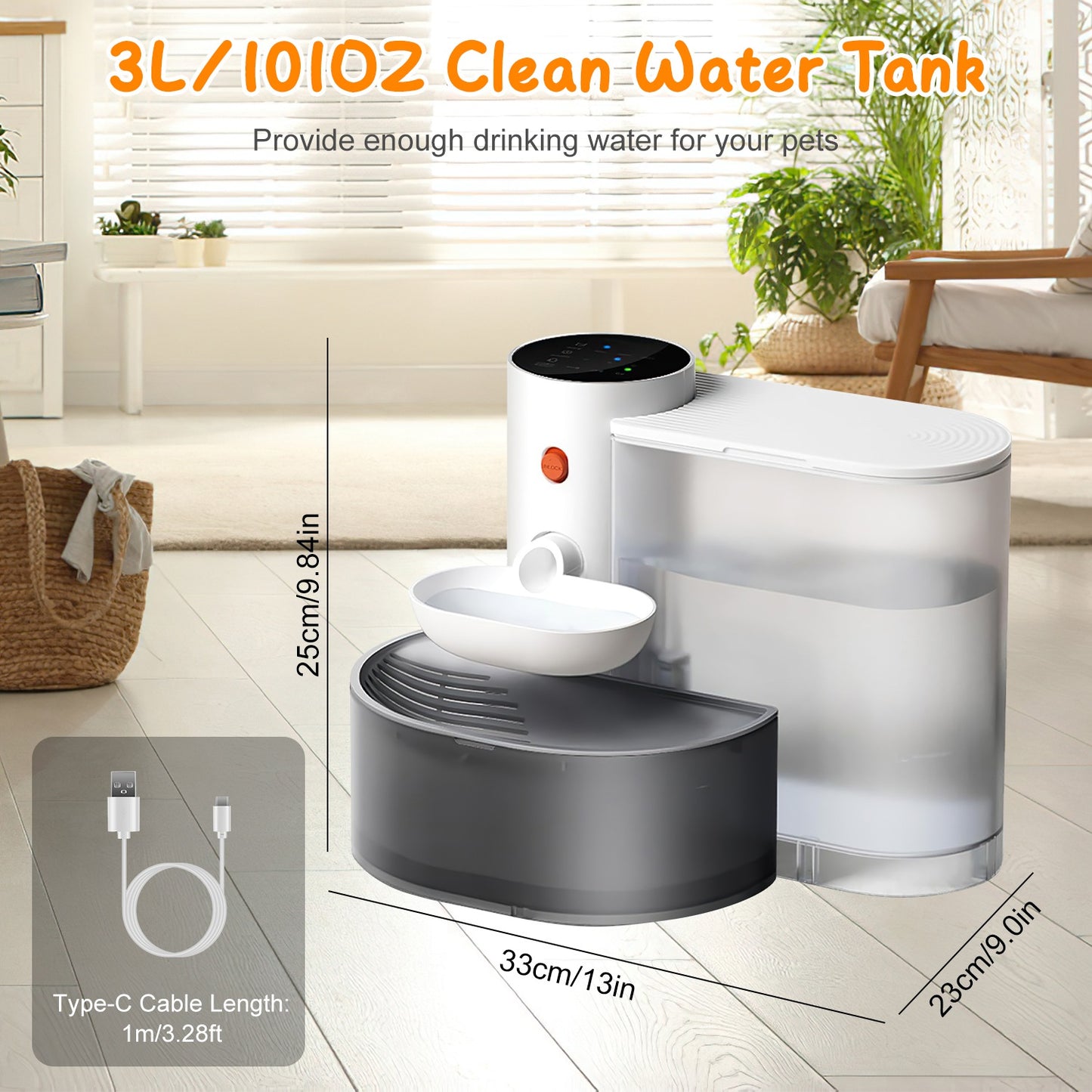 Aura 1Pc Smart Pet Water Fountain Automatic Cat Water Dispenser 3L Cordless Rechargeable Dog Water Fountain Self-Refill With 3 Adjustable Volume 3 Time Intervals Touch Control
