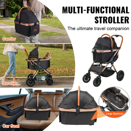 Aura Pet Stroller, 4 Wheels Dog Stroller Rotate With Brakes, 66 Lbs Weight Capacity, Puppy Stroller With Detachable Carrier, Storage Basket And Pet Pad, For Small To Medium Sized Dogs, Black