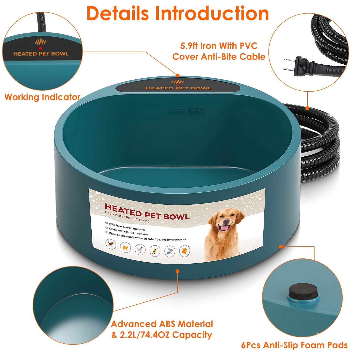 Aura 1Pc Heated Water Bowl For Dog Cat 74.4OZ Heating Water Dish IP67 Waterproof Thermal Water Bowl Heated Pet Bowl Dog Cat Water Feeder Bowl For Dog Cat Rabbit Pet