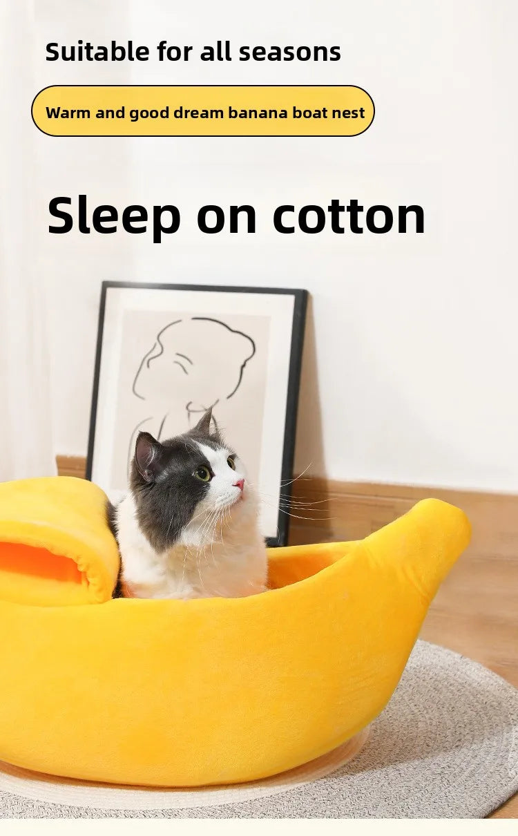 Banana cat bed super soft house lovely banana boat semi-closed warm pet bed cat accessories dog bed banana cushions with a lid