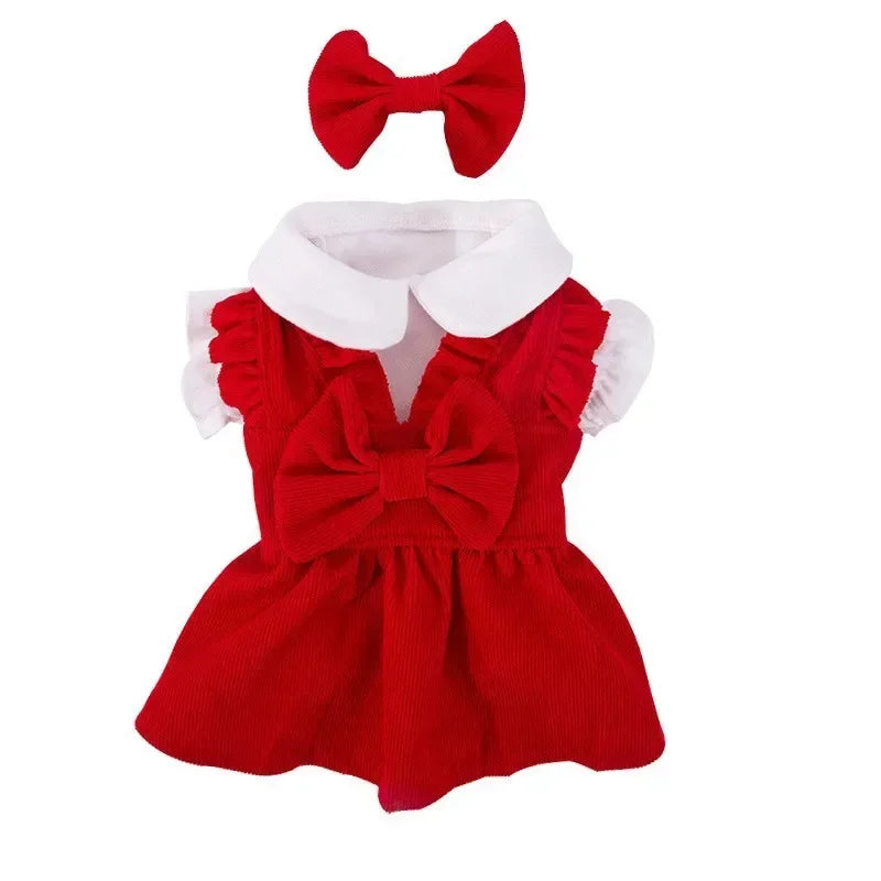Puppy Bow Knot Dress Set Winter Warm Dog Clothes Pet Christmas Princess Dress Teddy Solid Color Skirt Send Clip