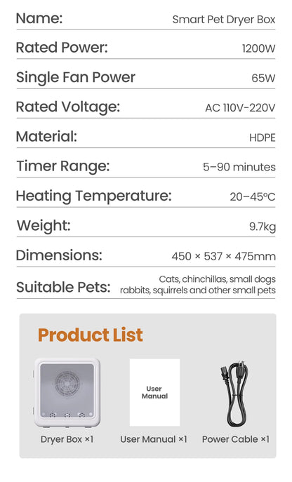 Aura Automatic Pet Drying Box 70L Smart Temperature Control Drying Pet Hair Grooming For Dog Cat Dryer 4 Speeds Ultra Quiet