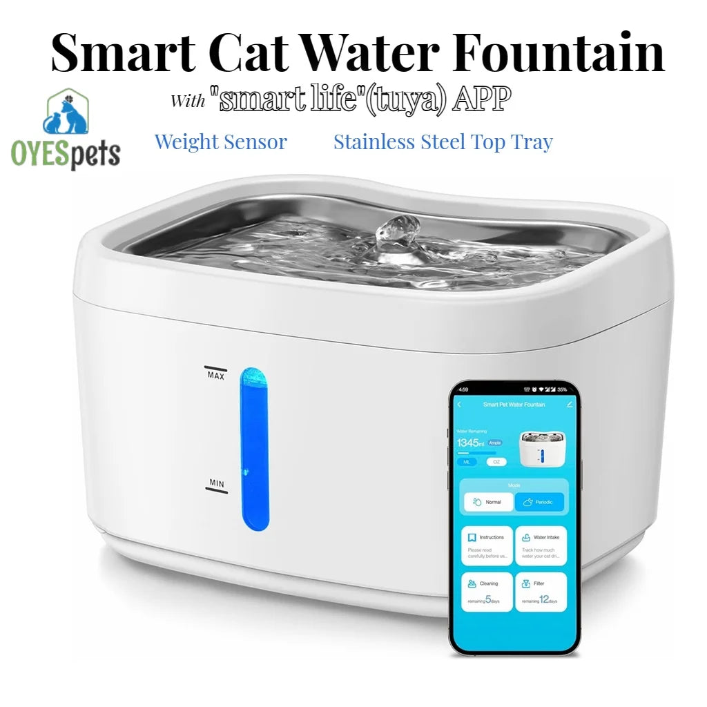 Aura Cat Water Fountain with APP Wireless Connected 84oz/2.5L Automatic Pet Water Fountain with Stainless Steel Tray Weight Sensor