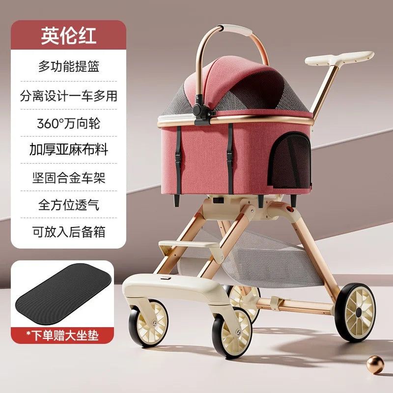 Aura Luxury Pet Stroller 3 in 1  with 4 Wheels for Medium Small Size Dogs and Cats Detachable Carrier for Puppy Kitty Doggie Stroller