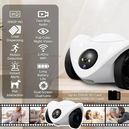 Aura Pet Camera Treat Dispenser, Movable Robot Cam for Dogs Cats, 1080P Indoor Security, 2-Way Talk, 2.4GHz WiFi Only