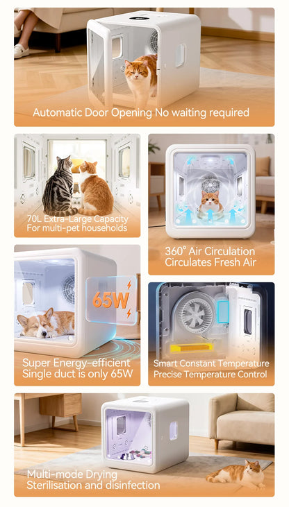 Aura Automatic Pet Drying Box 70L Smart Temperature Control Drying Pet Hair Grooming For Dog Cat Dryer 4 Speeds Ultra Quiet