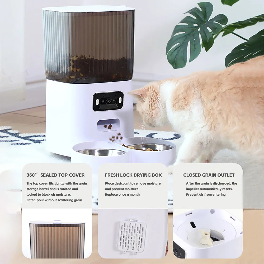 Aura 5L Double Bowls Smart Automatic Cat Feeder With Camera Cat Dry Food Video Dispenser Pet Smart Voice Recorder Auto Feeder For Dog