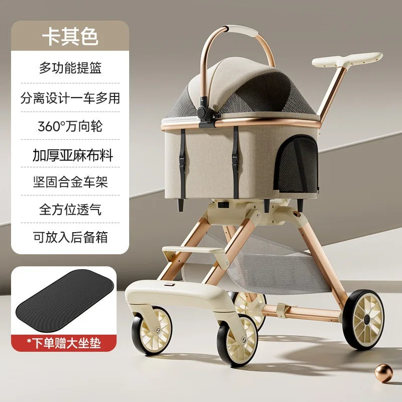 Aura Luxury Pet Stroller 3 in 1  with 4 Wheels for Medium Small Size Dogs and Cats Detachable Carrier for Puppy Kitty Doggie Stroller