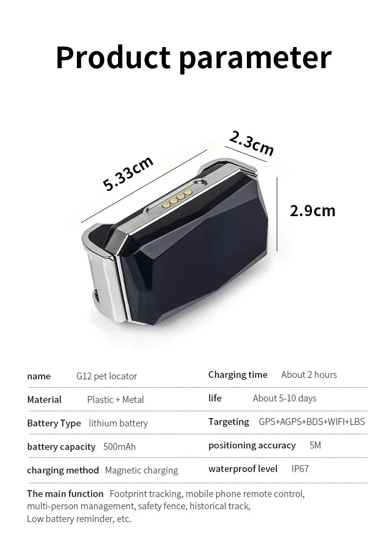 Aura Pet Collar Mini GPS Tracker, GSM Wifi LBS Anti-lost Tracker Pet Location Collar IP67 Waterproof for Pet Dog Cat Sheep Tracking