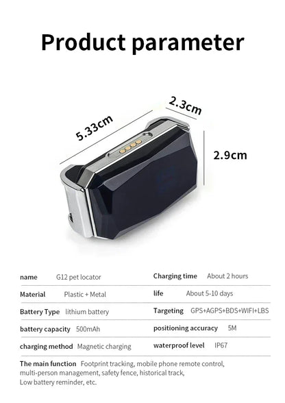 Aura Pet Collar Mini GPS Tracker, GSM Wifi LBS Anti-lost Tracker Pet Location Collar IP67 Waterproof for Pet Dog Cat Sheep Tracking