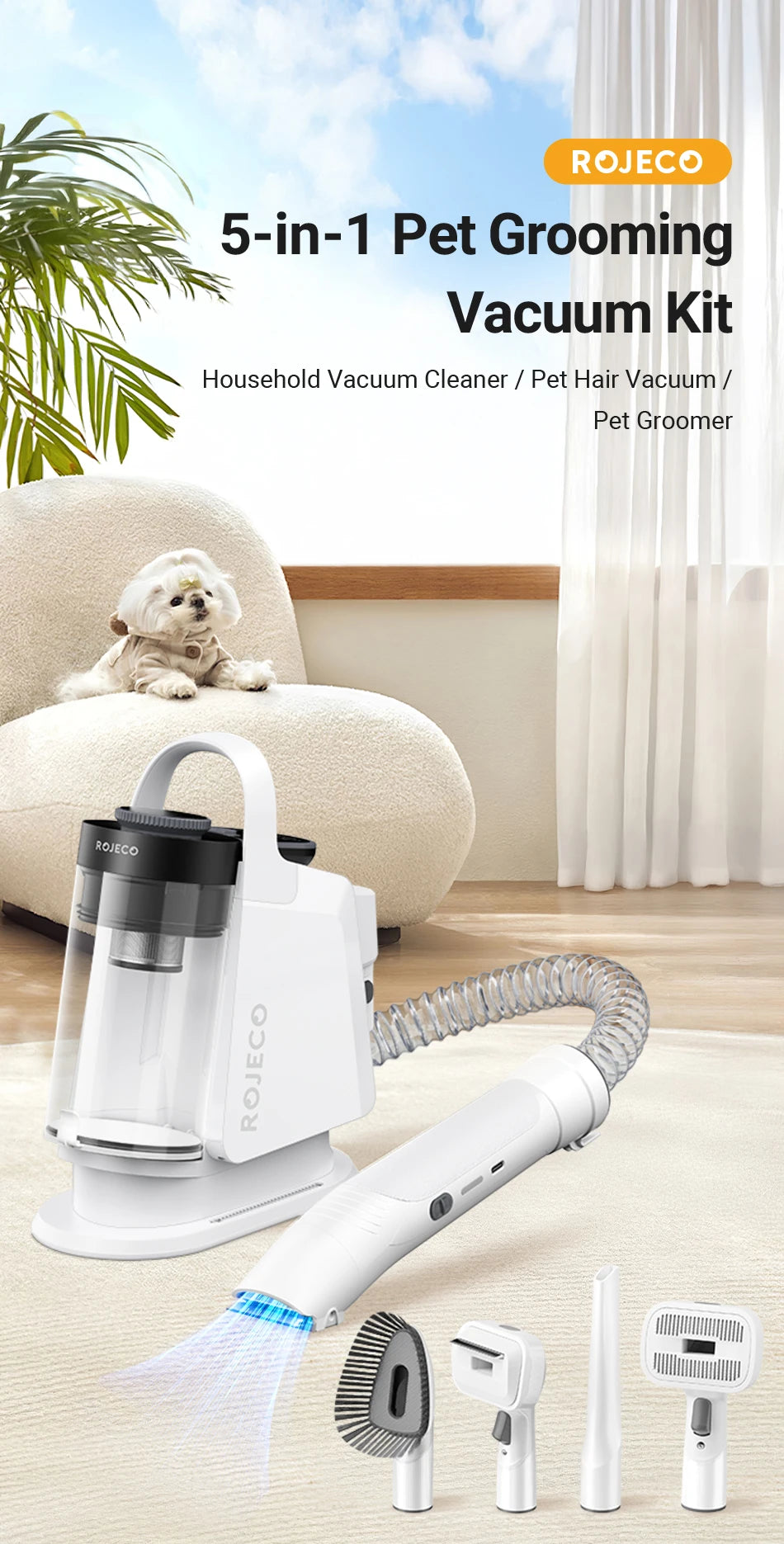 Aura Pet Multifunction Grooming Vacuum Kit 5-IN-1 Portable Household Vacuum Cleaner For Pet Cat Dog Hair Vacuum Groomer Kit