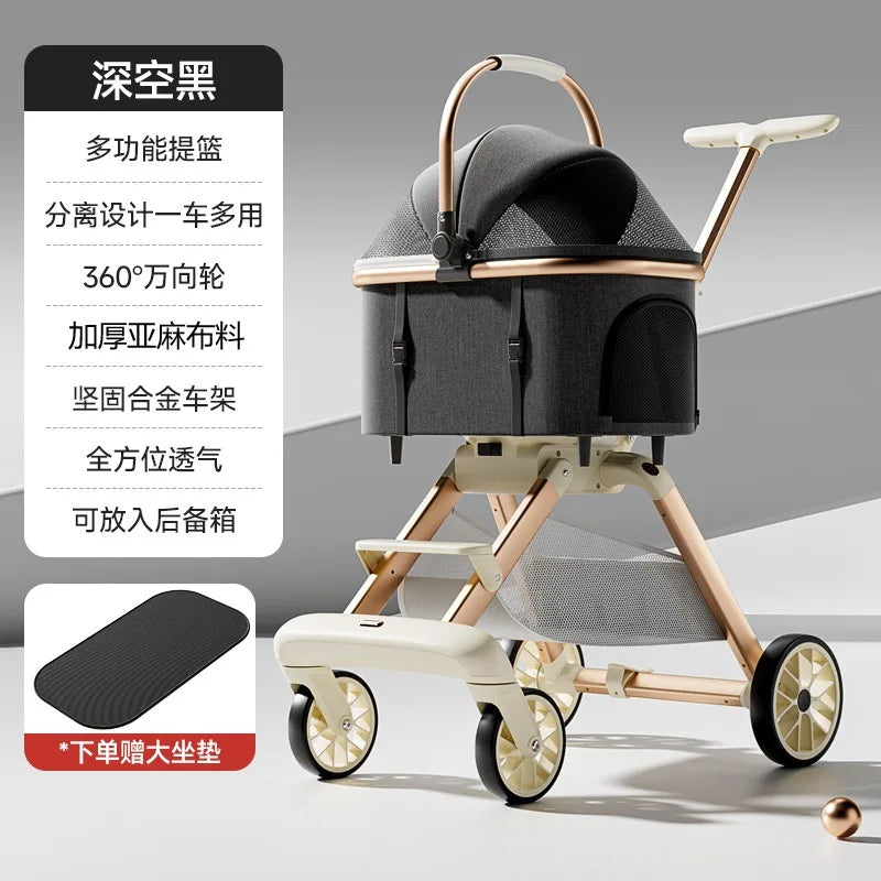 Aura Luxury Pet Stroller 3 in 1  with 4 Wheels for Medium Small Size Dogs and Cats Detachable Carrier for Puppy Kitty Doggie Stroller