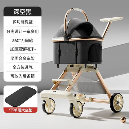 Aura Luxury Pet Stroller 3 in 1  with 4 Wheels for Medium Small Size Dogs and Cats Detachable Carrier for Puppy Kitty Doggie Stroller