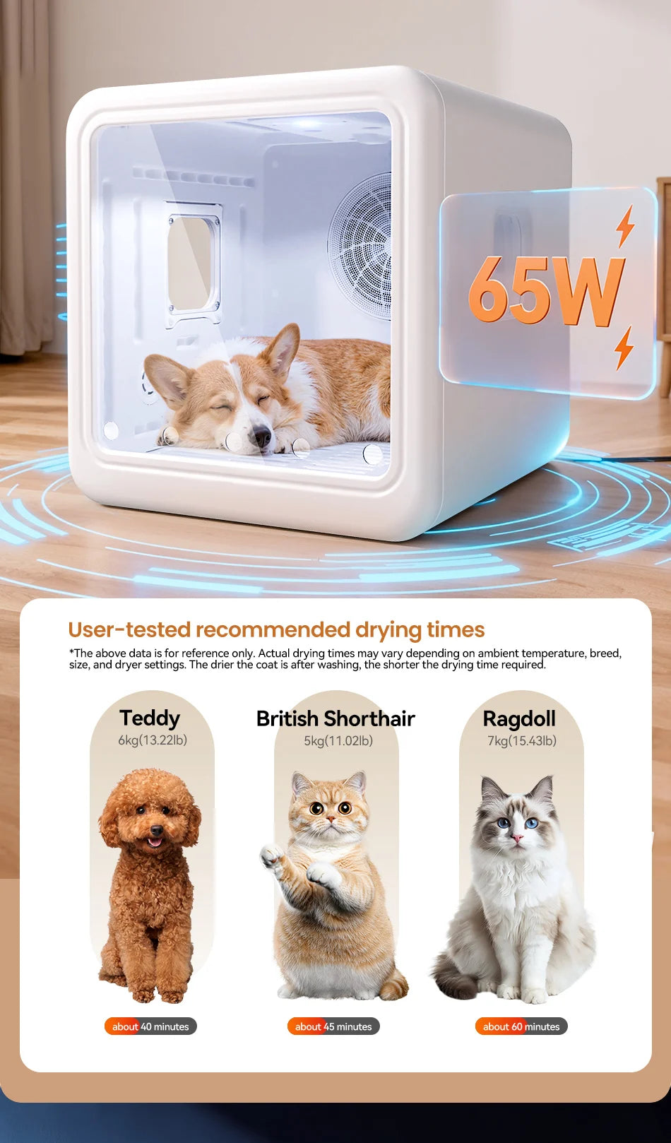 Aura Automatic Pet Drying Box 70L Smart Temperature Control Drying Pet Hair Grooming For Dog Cat Dryer 4 Speeds Ultra Quiet