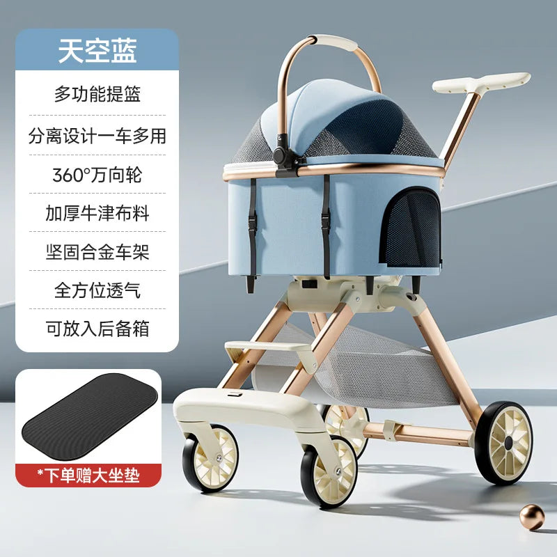Aura Luxury Pet Stroller 3 in 1  with 4 Wheels for Medium Small Size Dogs and Cats Detachable Carrier for Puppy Kitty Doggie Stroller