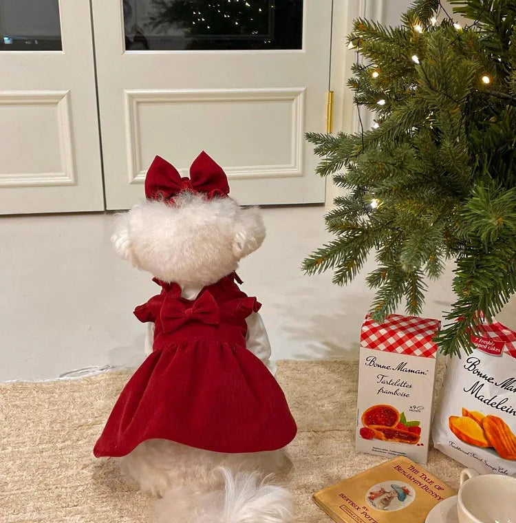 Puppy Bow Knot Dress Set Winter Warm Dog Clothes Pet Christmas Princess Dress Teddy Solid Color Skirt Send Clip
