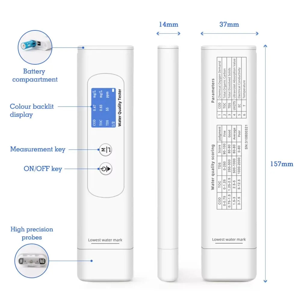 Aura Portable Digital TDS COD Meter Water Quality Tester Drinking Water Swimming Pool Aquariums 6-1 TOC EC Range ODM OBM