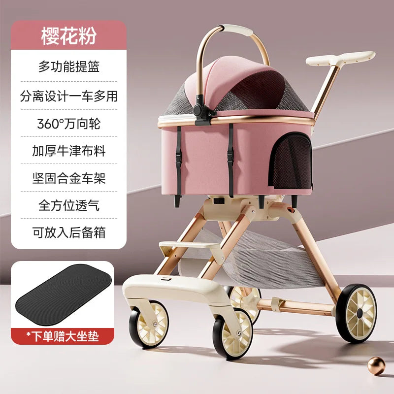 Aura Luxury Pet Stroller 3 in 1  with 4 Wheels for Medium Small Size Dogs and Cats Detachable Carrier for Puppy Kitty Doggie Stroller