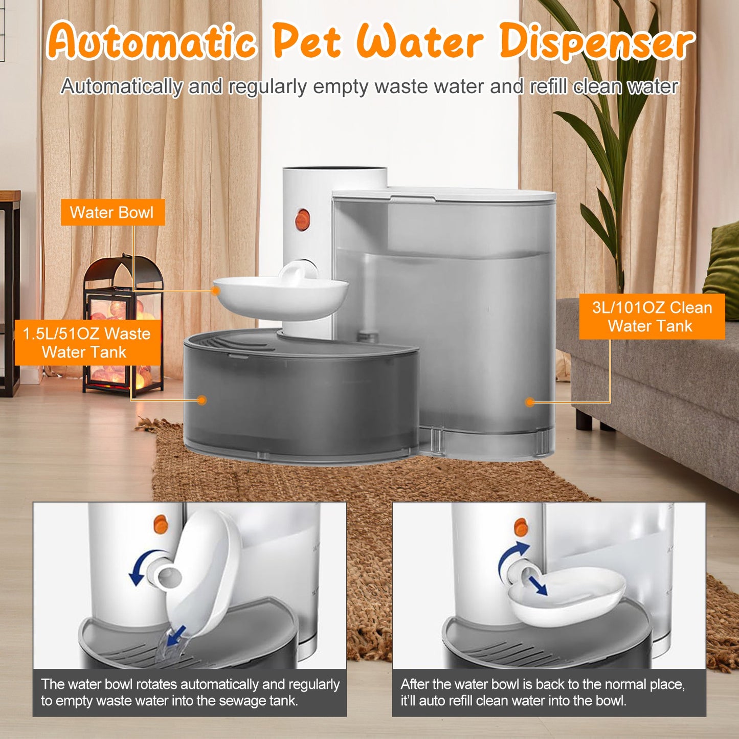 Aura 1Pc Smart Pet Water Fountain Automatic Cat Water Dispenser 3L Cordless Rechargeable Dog Water Fountain Self-Refill With 3 Adjustable Volume 3 Time Intervals Touch Control