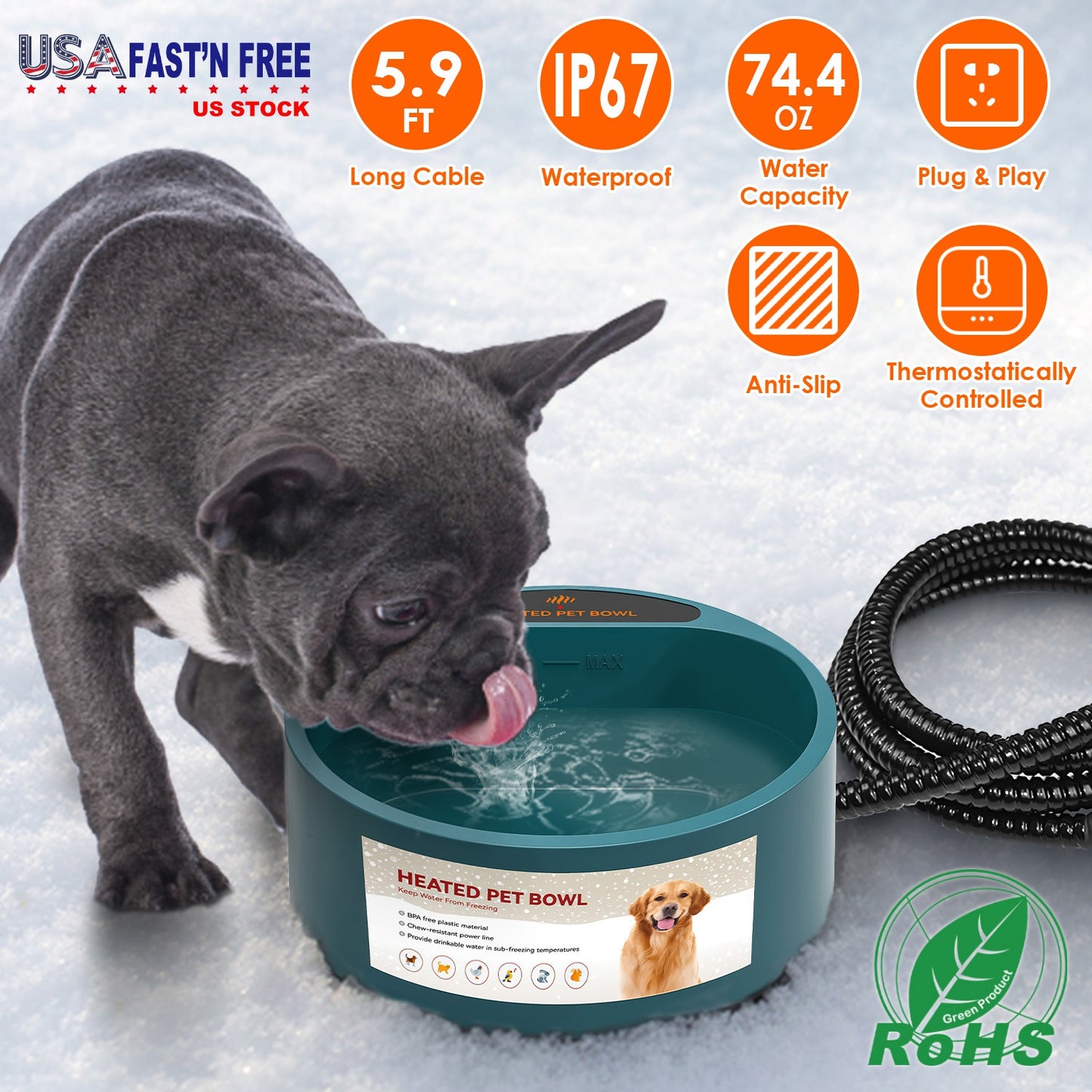 Aura 1Pc Heated Water Bowl For Dog Cat 74.4OZ Heating Water Dish IP67 Waterproof Thermal Water Bowl Heated Pet Bowl Dog Cat Water Feeder Bowl For Dog Cat Rabbit Pet