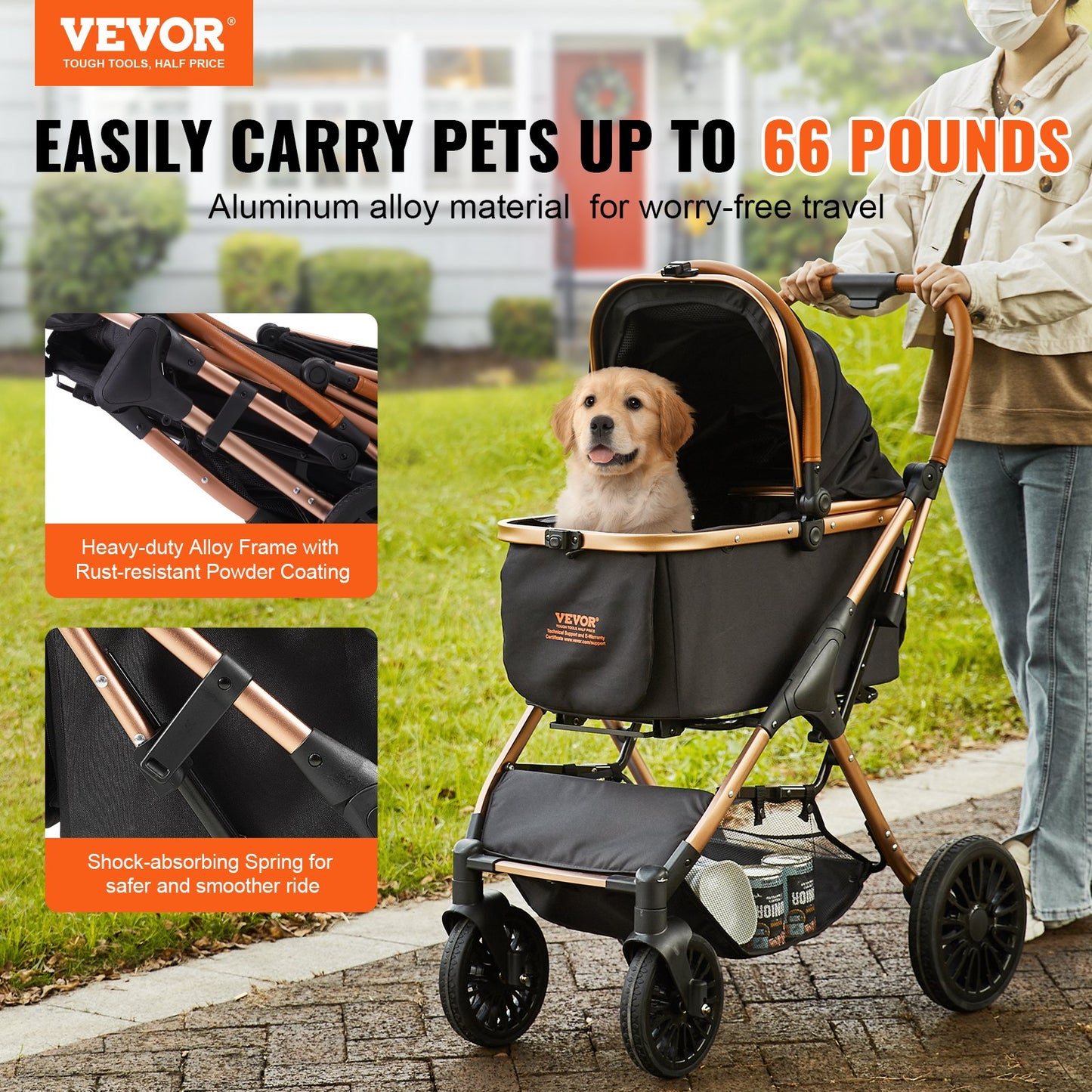 Aura Pet Stroller, 4 Wheels Dog Stroller Rotate With Brakes, 66 Lbs Weight Capacity, Puppy Stroller With Detachable Carrier, Storage Basket And Pet Pad, For Small To Medium Sized Dogs, Black