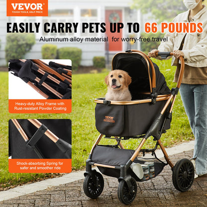 Aura Pet Stroller, 4 Wheels Dog Stroller Rotate With Brakes, 66 Lbs Weight Capacity, Puppy Stroller With Detachable Carrier, Storage Basket And Pet Pad, For Small To Medium Sized Dogs, Black
