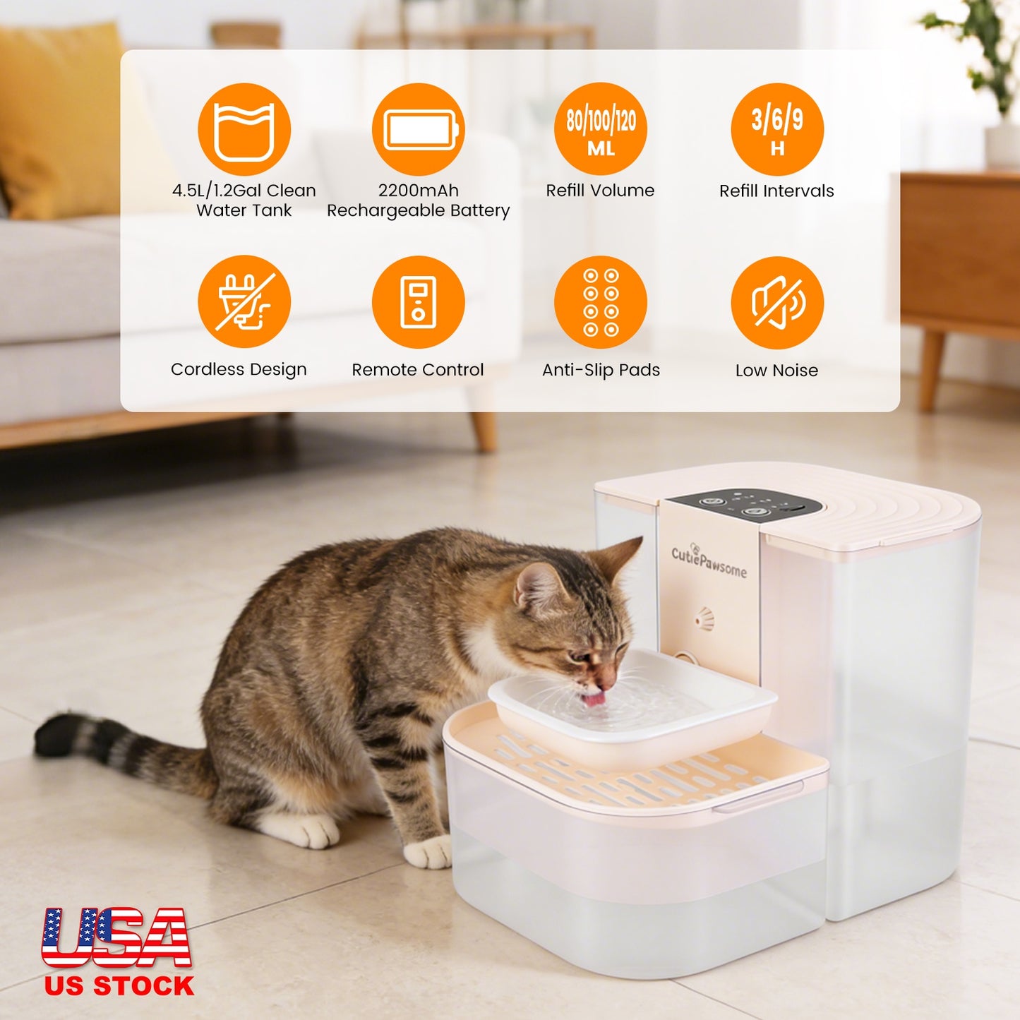 Aura 1Pc Smart Pet Water Fountain Automatic Cat Water Dispenser 4.5L Cordless Rechargeable Dog Water Fountain Self-Refill With 3 Adjustable Volume 3 Time Intervals Remote Control Cleaning Brush
